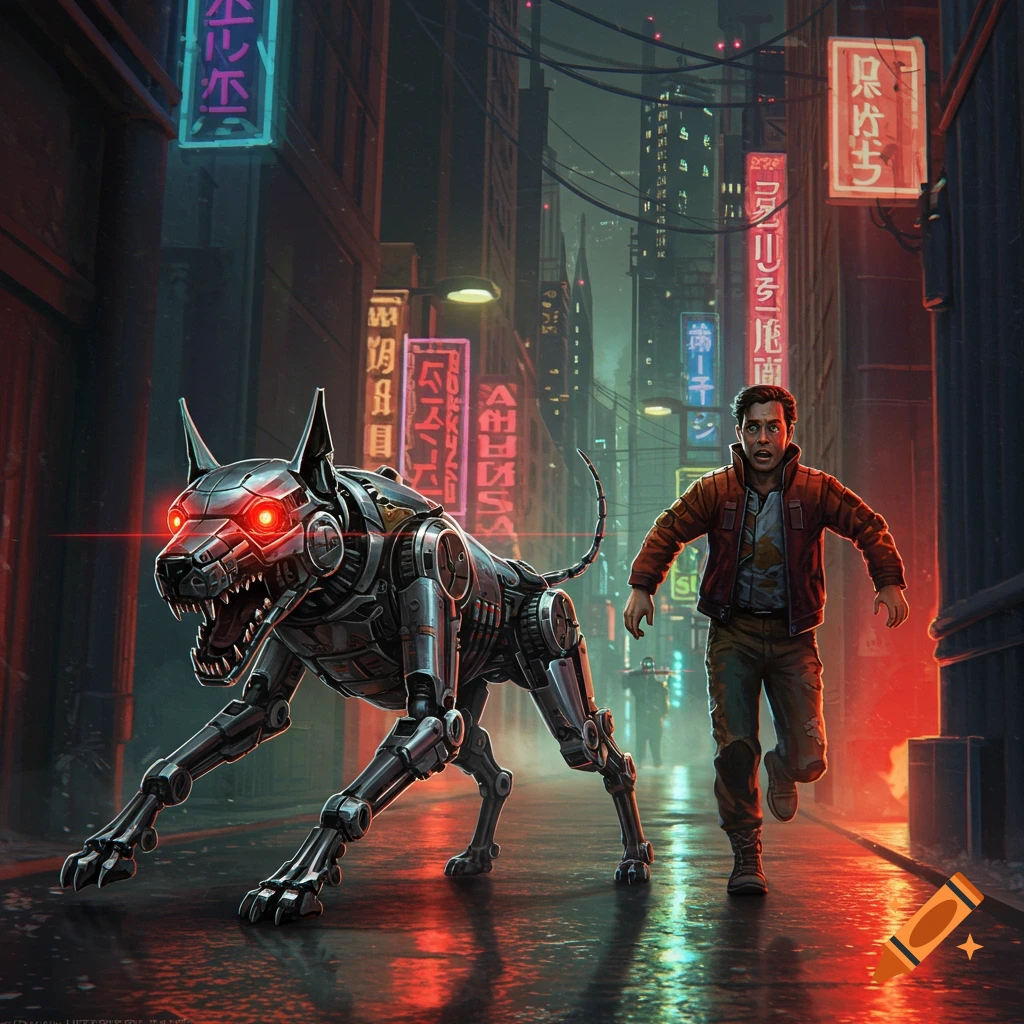 A man runs from a mechanical dog in a neon-lit cyberpunk city street.