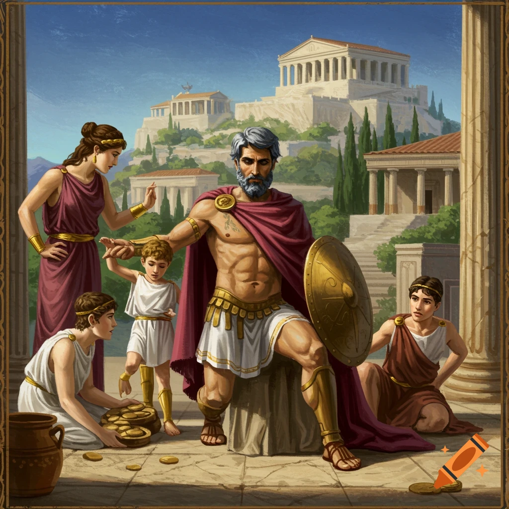 A man in Greek attire with a shield sits with a woman and children in front of ancient buildings.