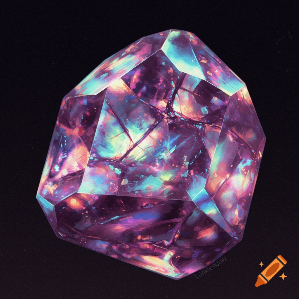 Colorful, multifaceted gemstone on a black background.