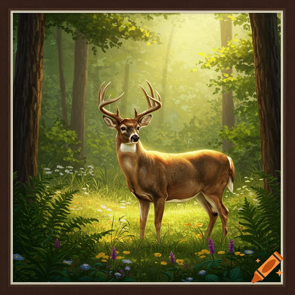 A deer stands in a sunlit forest clearing.