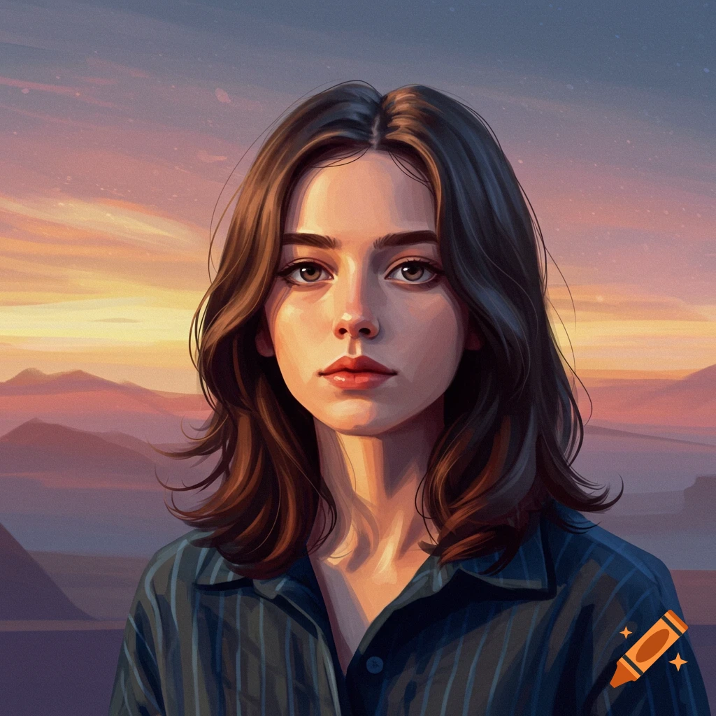 Portrait of a young woman against a sunset landscape.