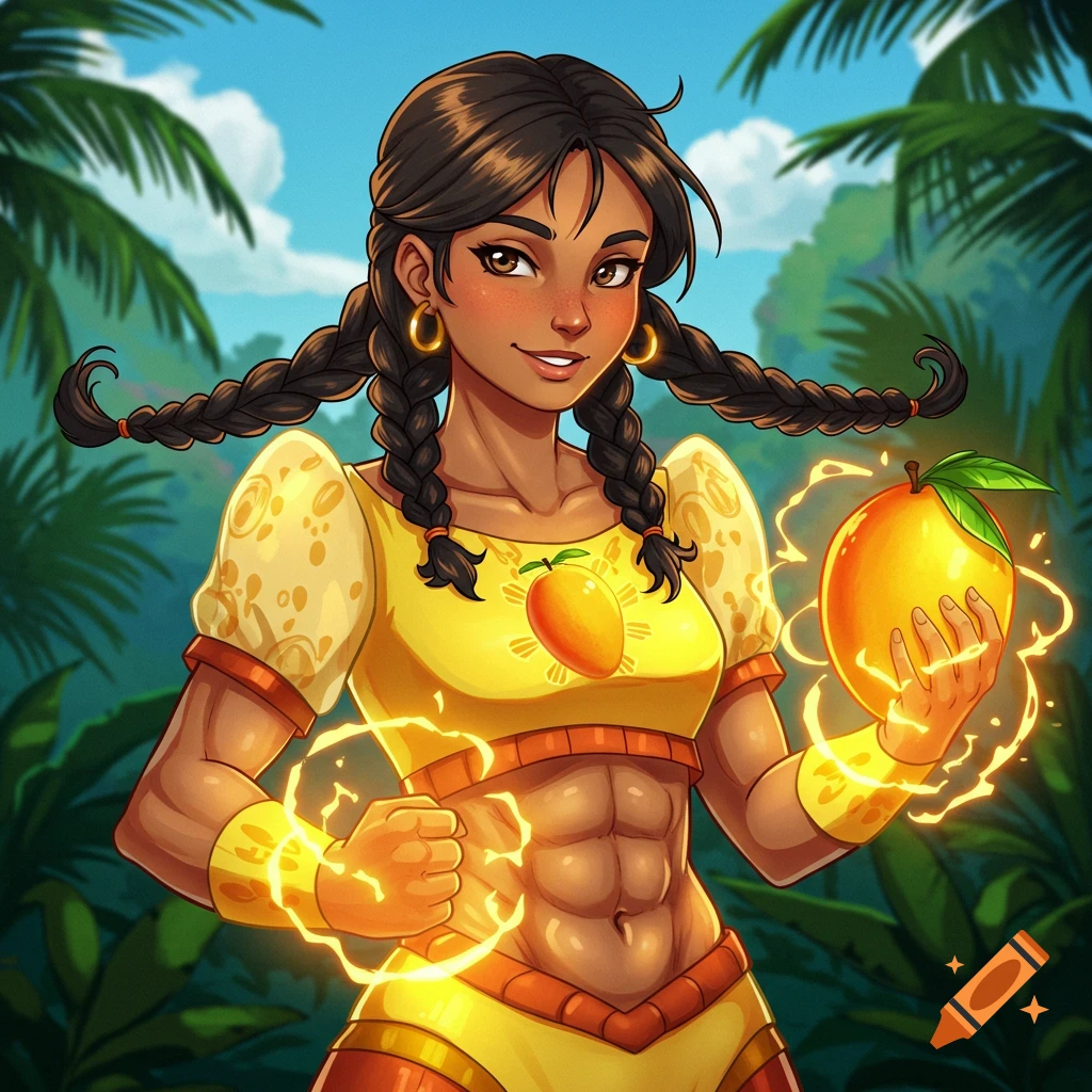 A female superhero with braids holds a glowing mango in a jungle.