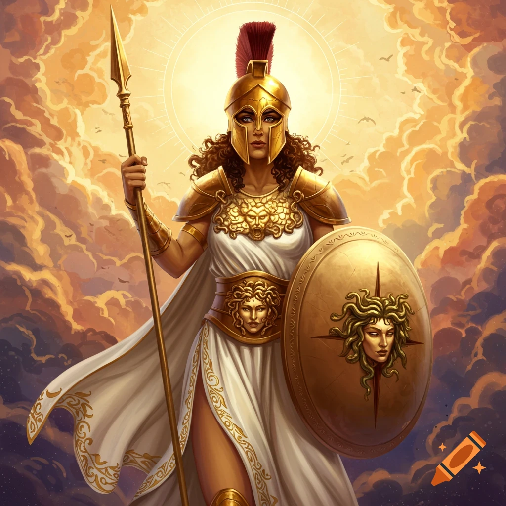 Athena in golden armor with spear and Medusa shield under a sun halo