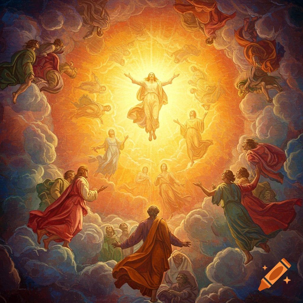 A painting of Jesus ascending into a radiant light, surrounded by disciples and angels among clouds.