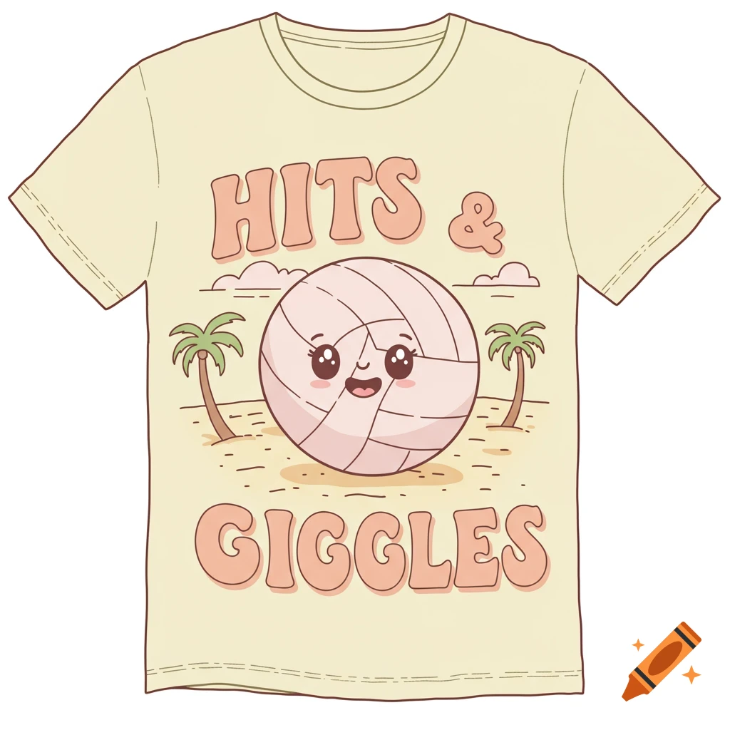Cartoon t-shirt design with a smiling volleyball, palm trees, and the text 'Hits & Giggles'.