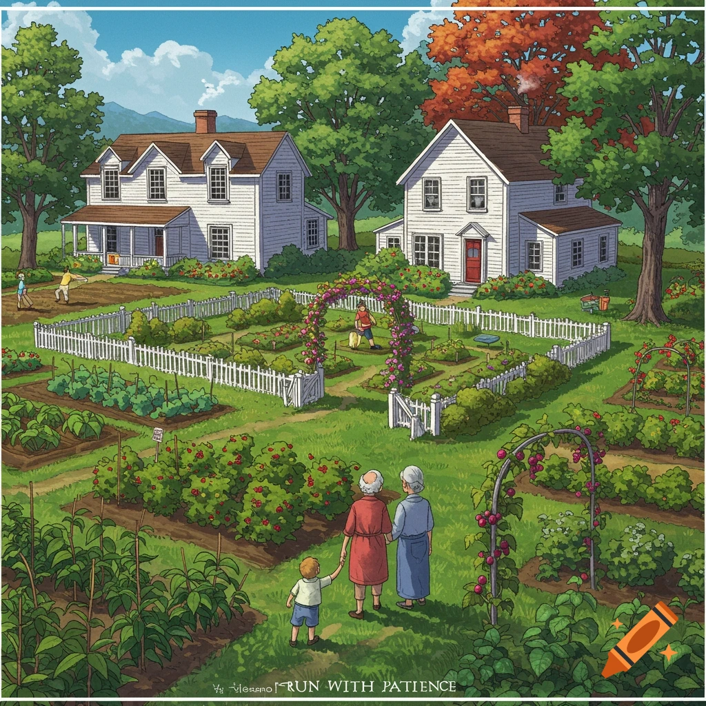 Illustration of a detailed garden with houses, people working, and grandparents walking with a child.