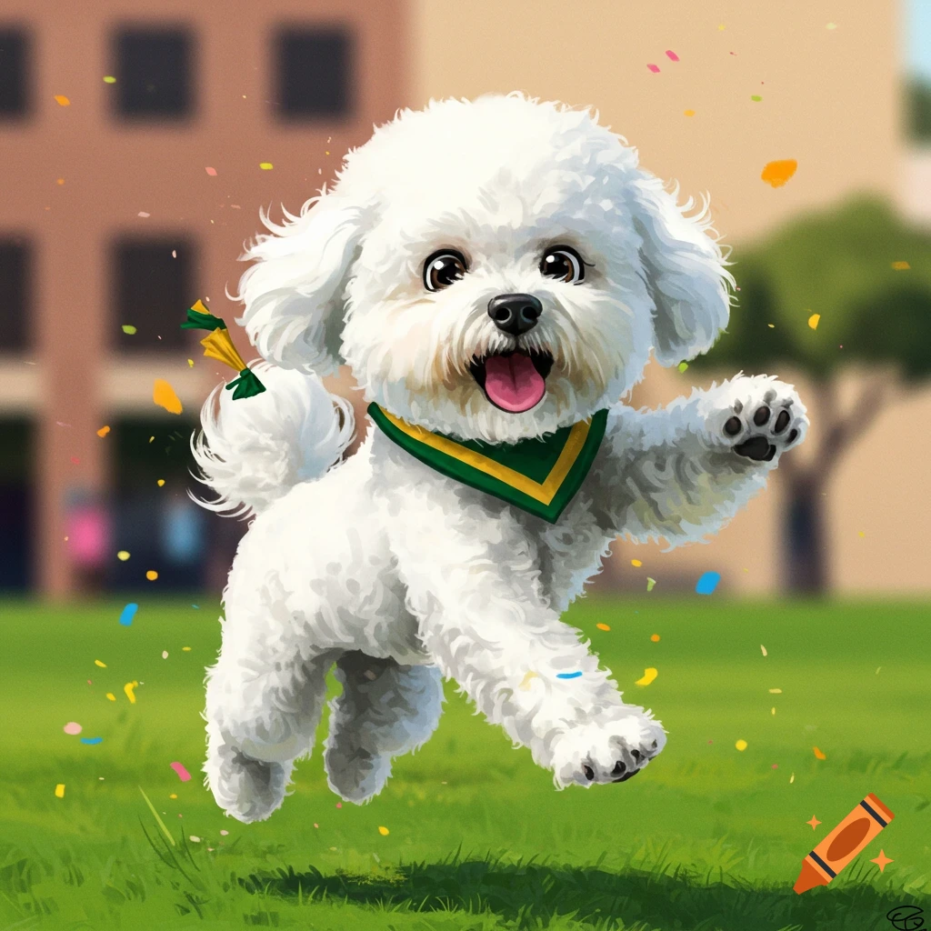A fluffy white Bichon frise dog wearing a green and yellow scarf, jumping playfully in a park with confetti.