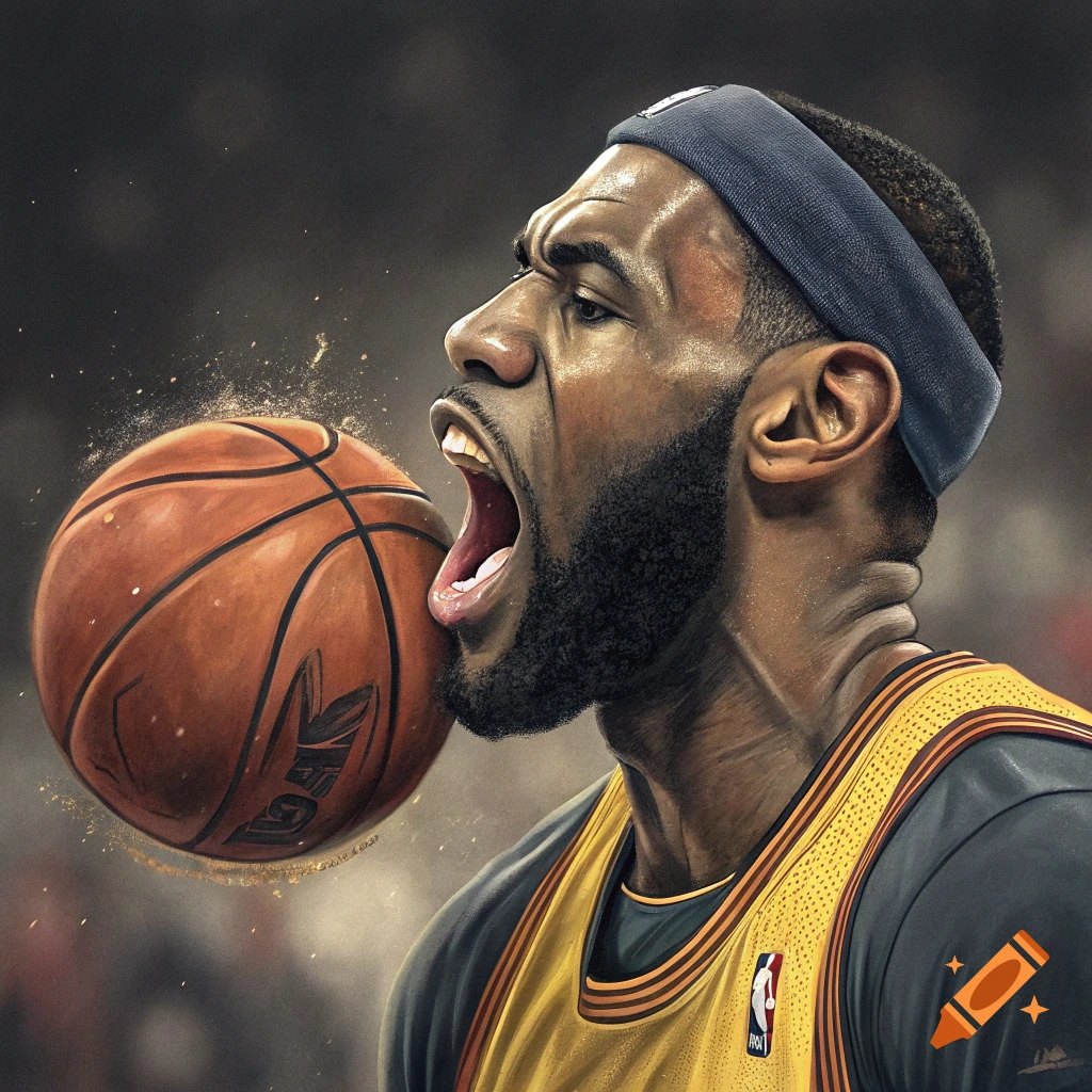 Caricature illustration of LeBron James opening his mouth wide around a basketball