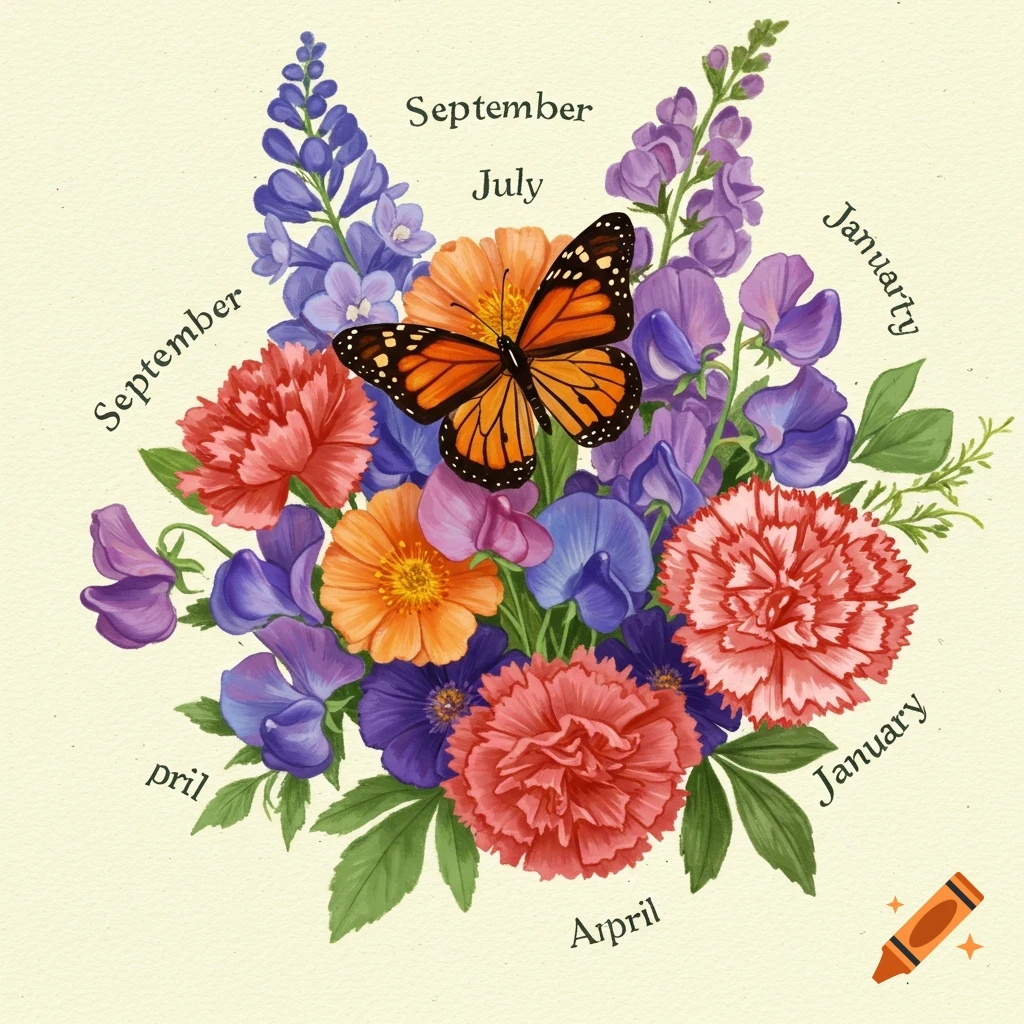 A colorful flower bouquet with a monarch butterfly hovering above.