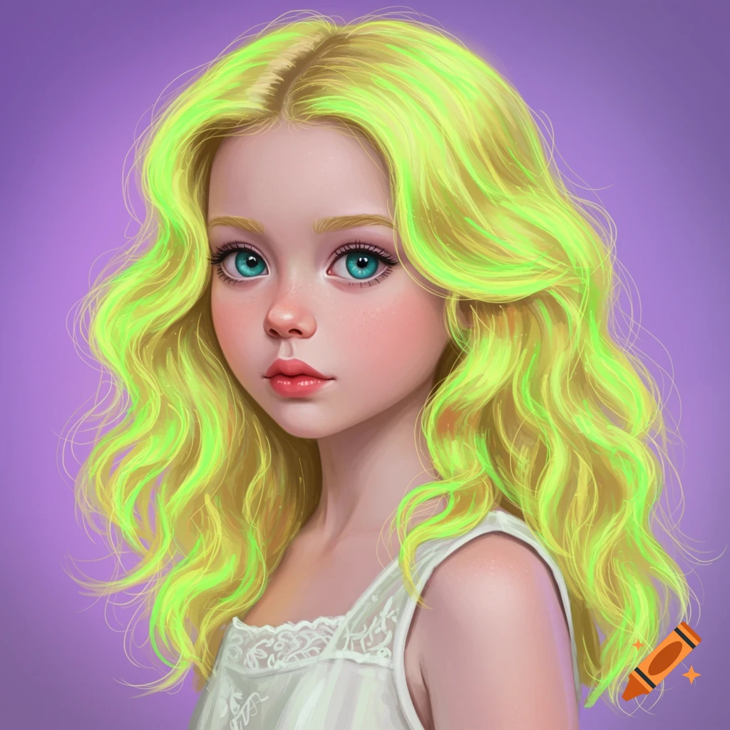 A young girl with vibrant blonde hair and turquoise eyes on a purple background.