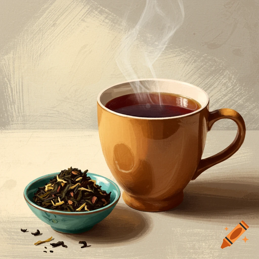 A steaming cup of tea sits next to a bowl of loose tea leaves.