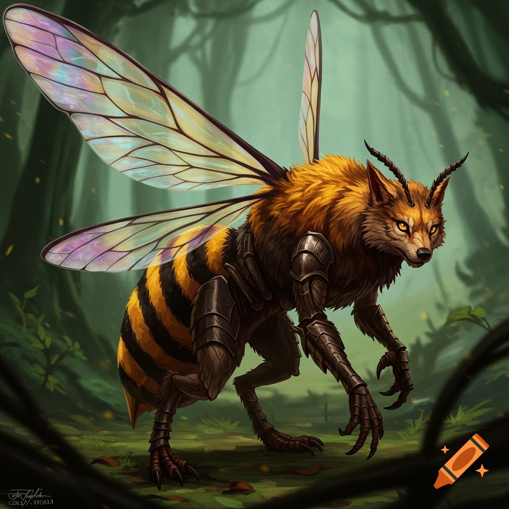 An image of a bee and wolf hybrid creature standing in a forest.