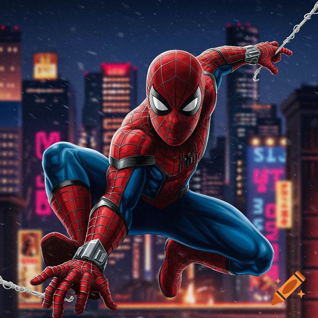Spider-Man swinging through a city at night