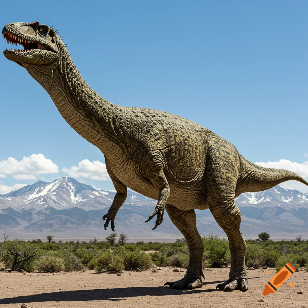A large Giganotosaurus dinosaur stands in a desert landscape with mountains