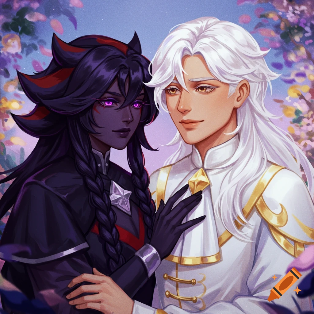 Two human characters embracing in a floral setting