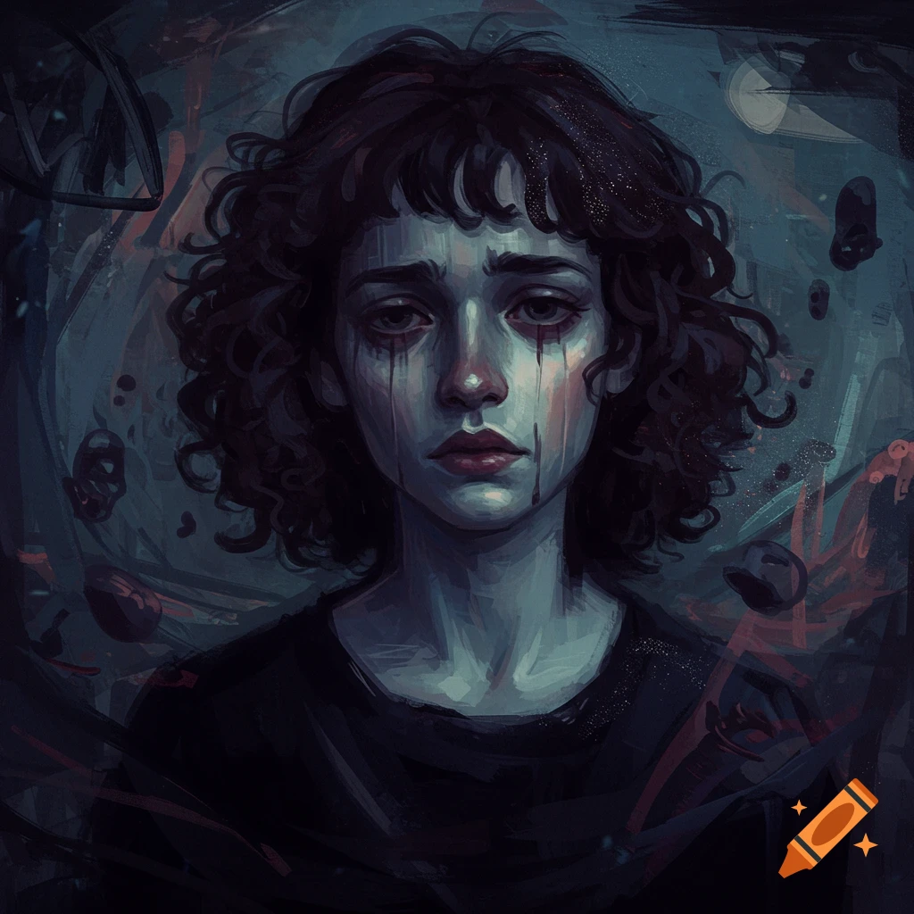 A person with dark streaks under their eyes, expressing distress.