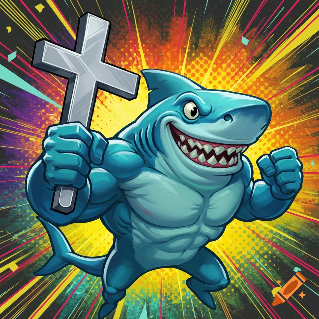 A muscled blue cartoon shark smiles while holding a large cross.