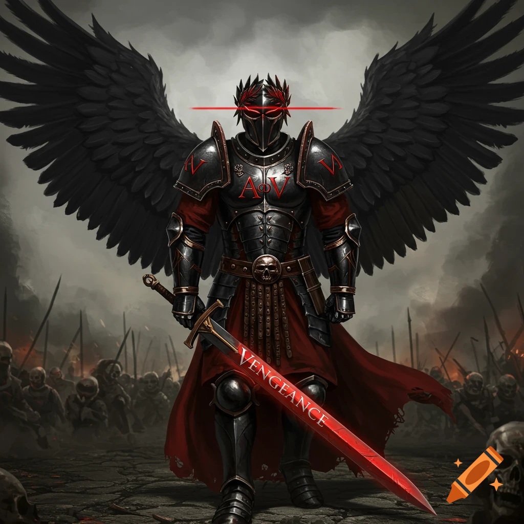 A dark fantasy knight in black armor with wings stands over a battlefield of skeletons, holding a red sword labeled VENGEANCE.