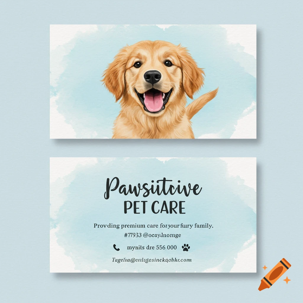 A golden retriever puppy on a business card with watercolor background.