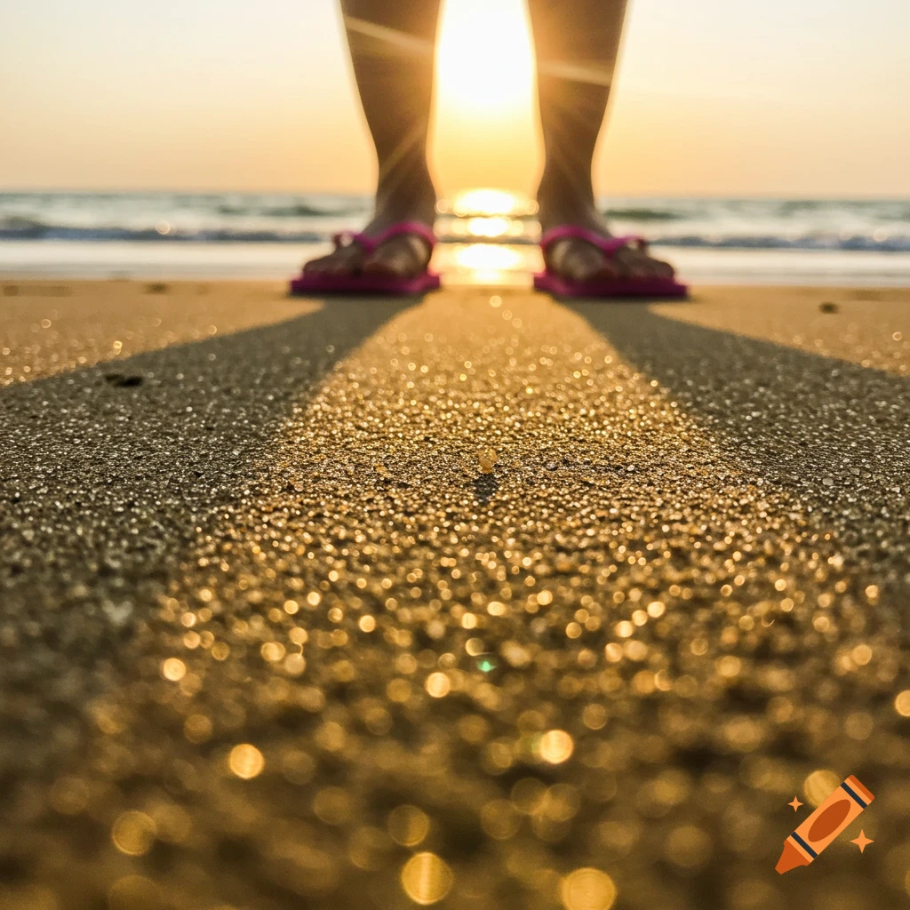 Low-angle view from sand of feet in pink sandals on beach at sunset