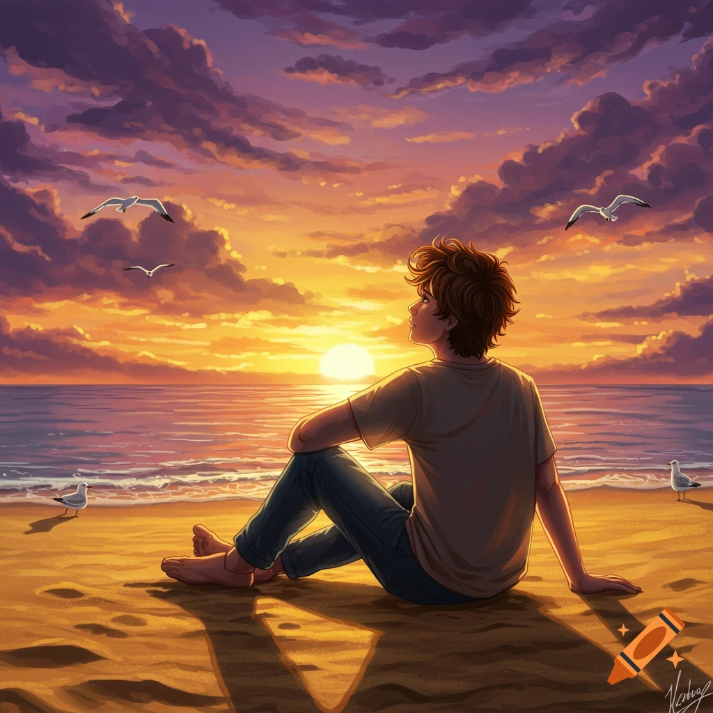 A person is sitting on a beach watching a colorful sunset.
