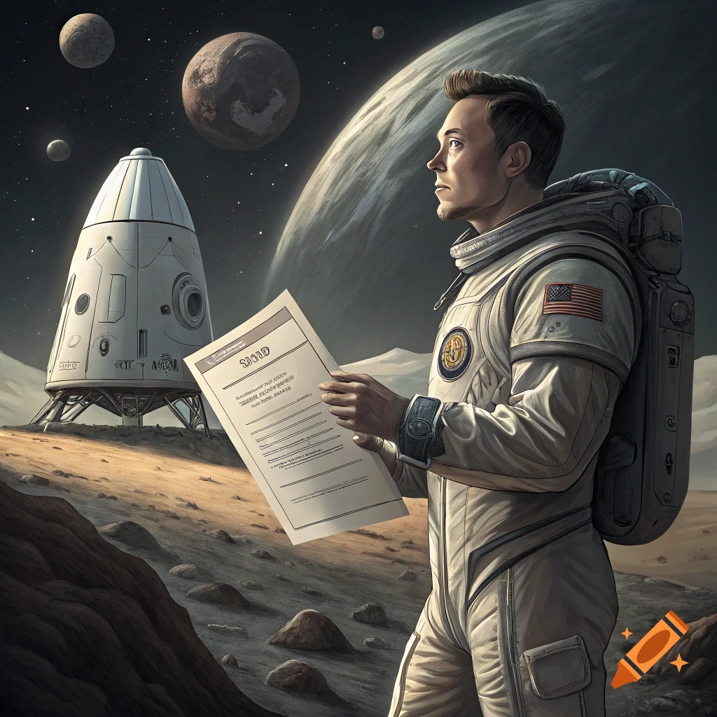 Elon Musk in a spacesuit holding a document on a rocky planet surface with a spacecraft and other planets.