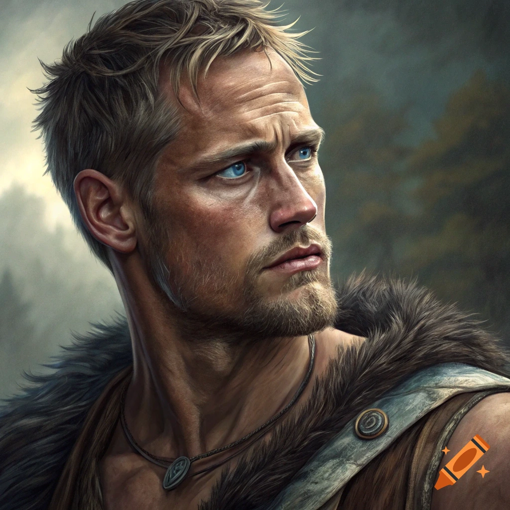 Realistic portrait of a man with blue eyes, beard, and fur collar looking sideways.