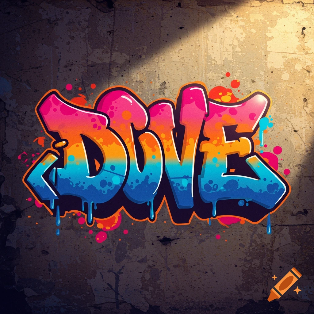 Colorful DOVE graffiti tag on a concrete wall.