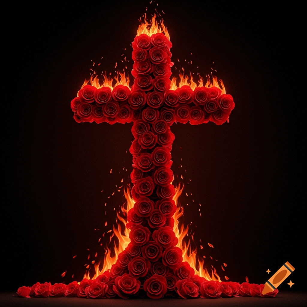 A cross made entirely of red roses, surrounded by flames, against a dark background.