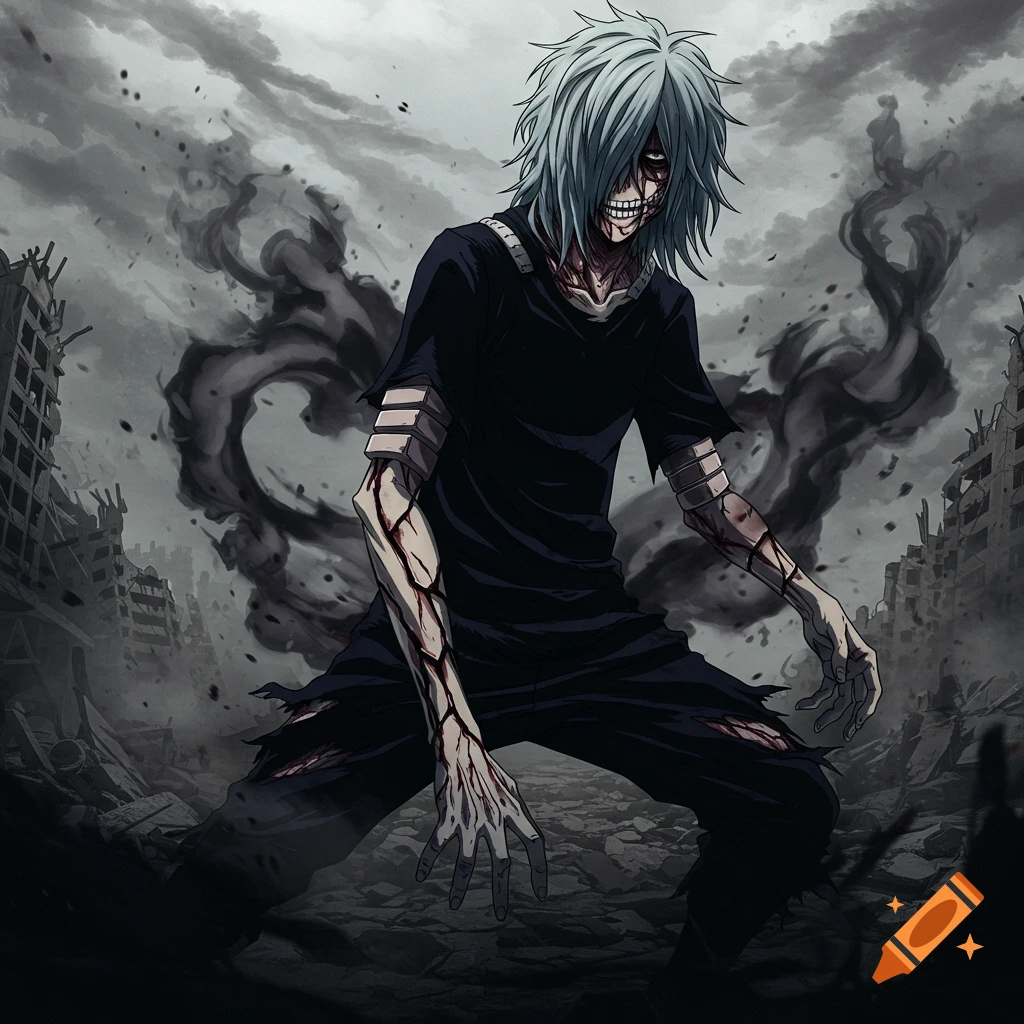 Shigaraki from My Hero Academia stands in a ruined city with cracked skin and bloodstains.