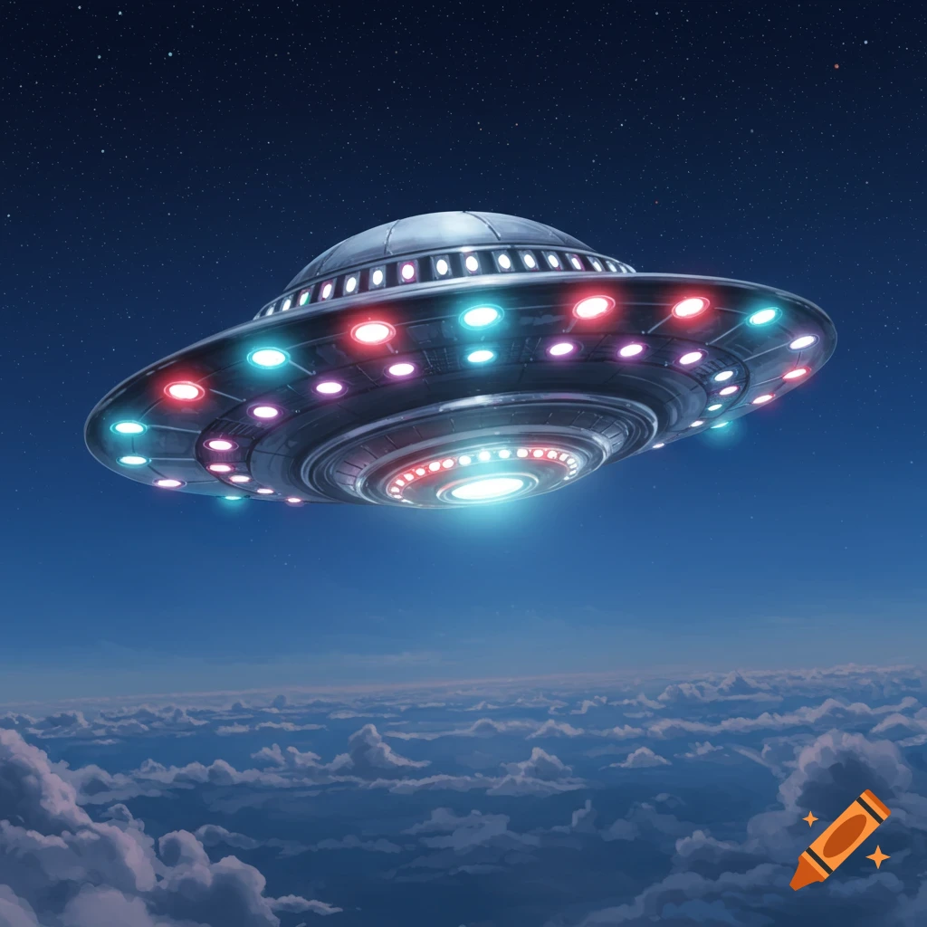 A flying saucer UFO with colorful lights hovering over clouds at night.