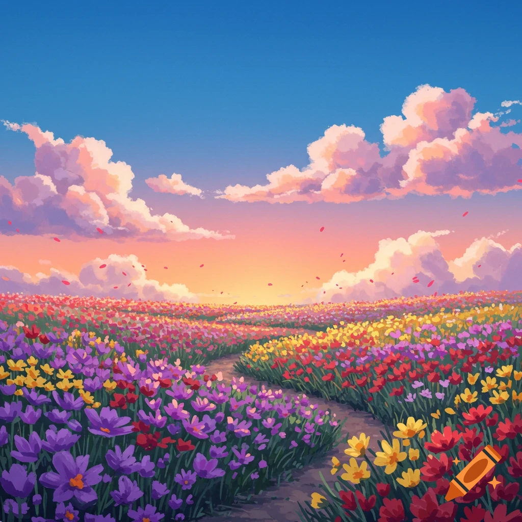 A vibrant flower field with a winding path, under a bright sunset sky with pink clouds.