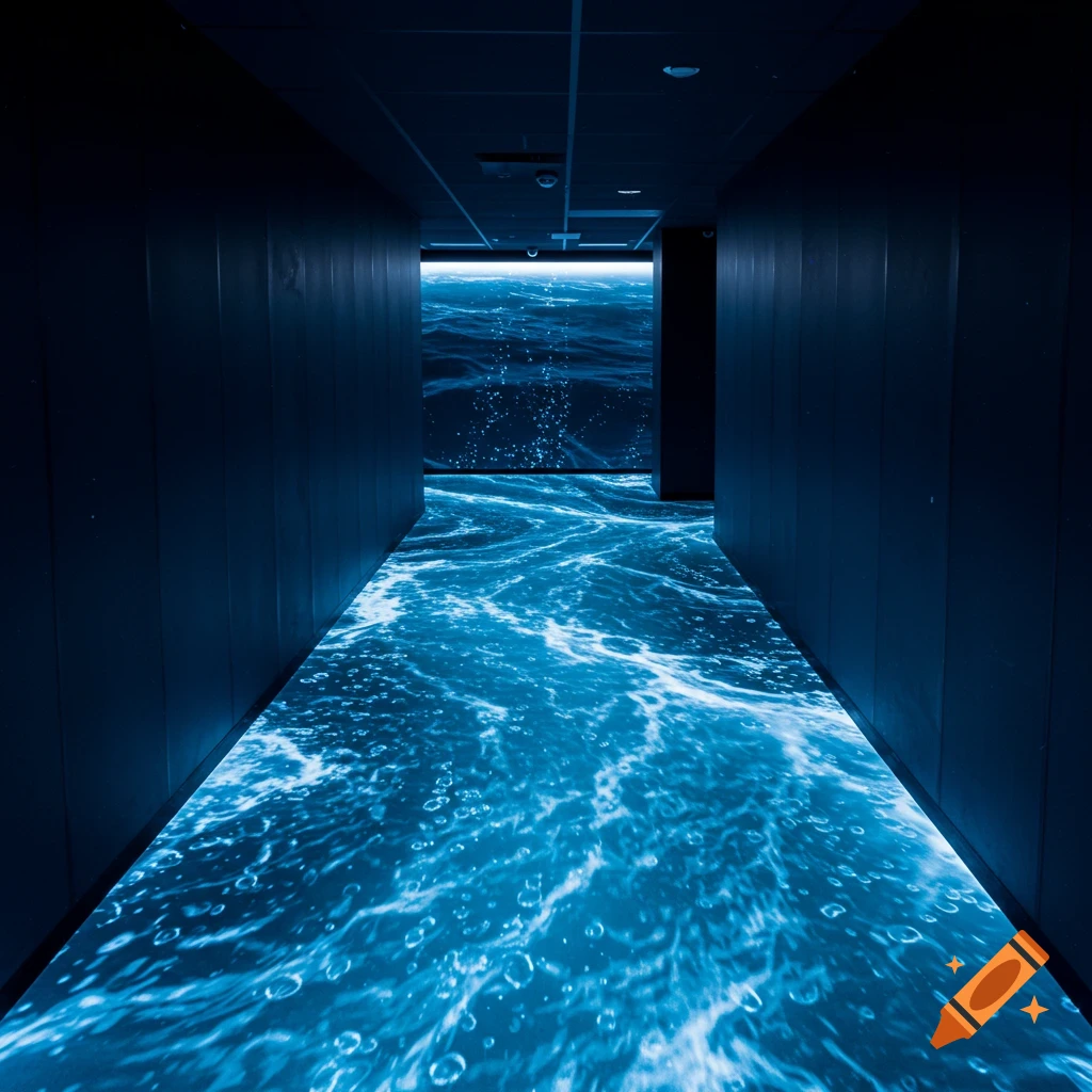 A narrow hallway with dark walls and a floor projected with blue ocean waves and bubbles, leading to a screen showing the ocean.