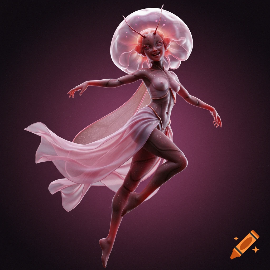 Surreal insectoid woman with a jellyfish head levitating in a pink dress