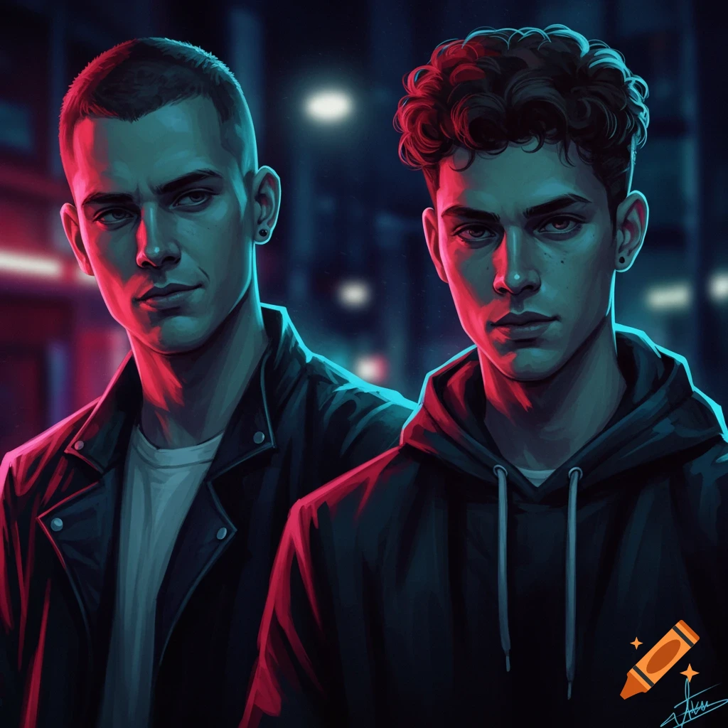 Two mysterious men in an urban setting with neon lighting.