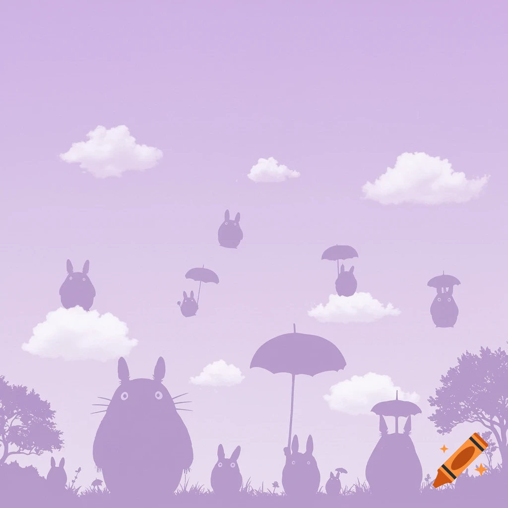 Purple silhouettes of Totoro characters, umbrellas, clouds, and trees against a pastel purple sky.