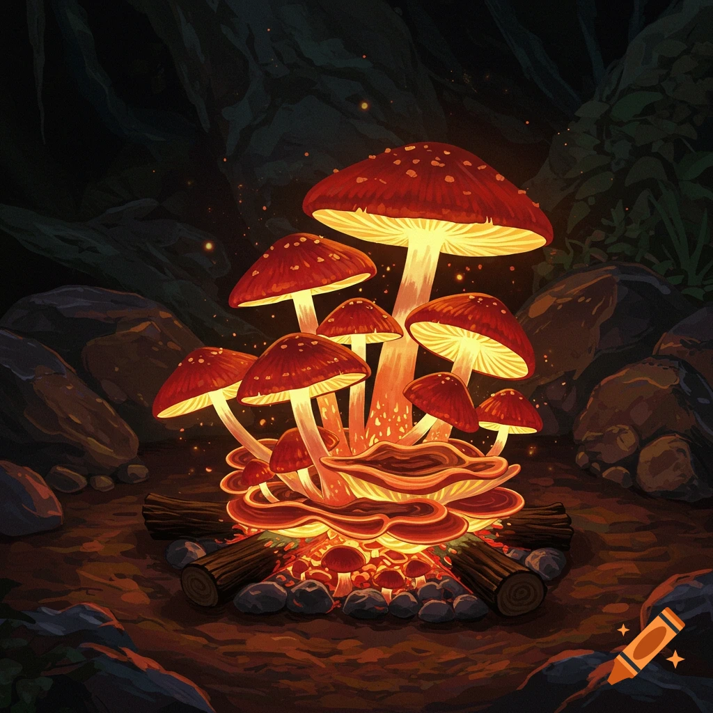 Glowing mushrooms arranged like a campfire in a dark forest.