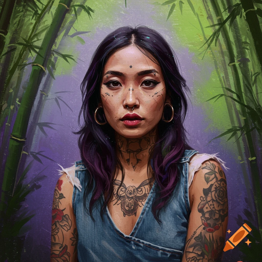 Painterly portrait of a young woman with tattoos and piercings standing in a bamboo forest.