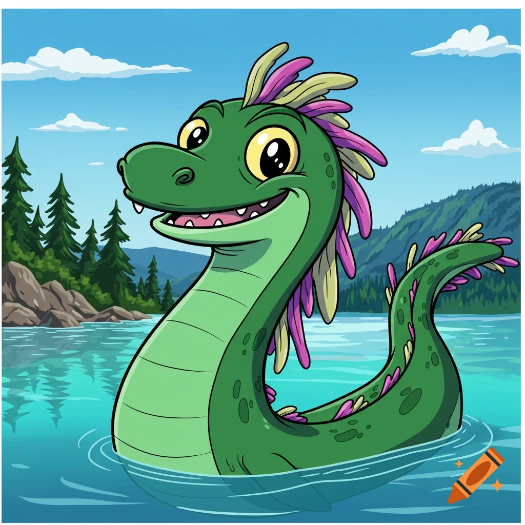 Cartoon green monster swimming in a lake