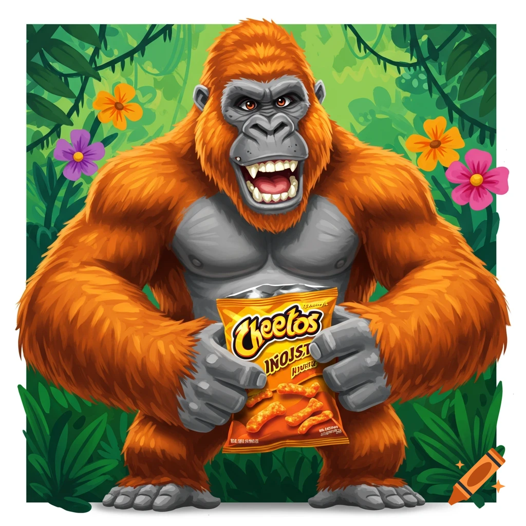 A cartoon gorilla holding a bag of Cheetos chips in a jungle.