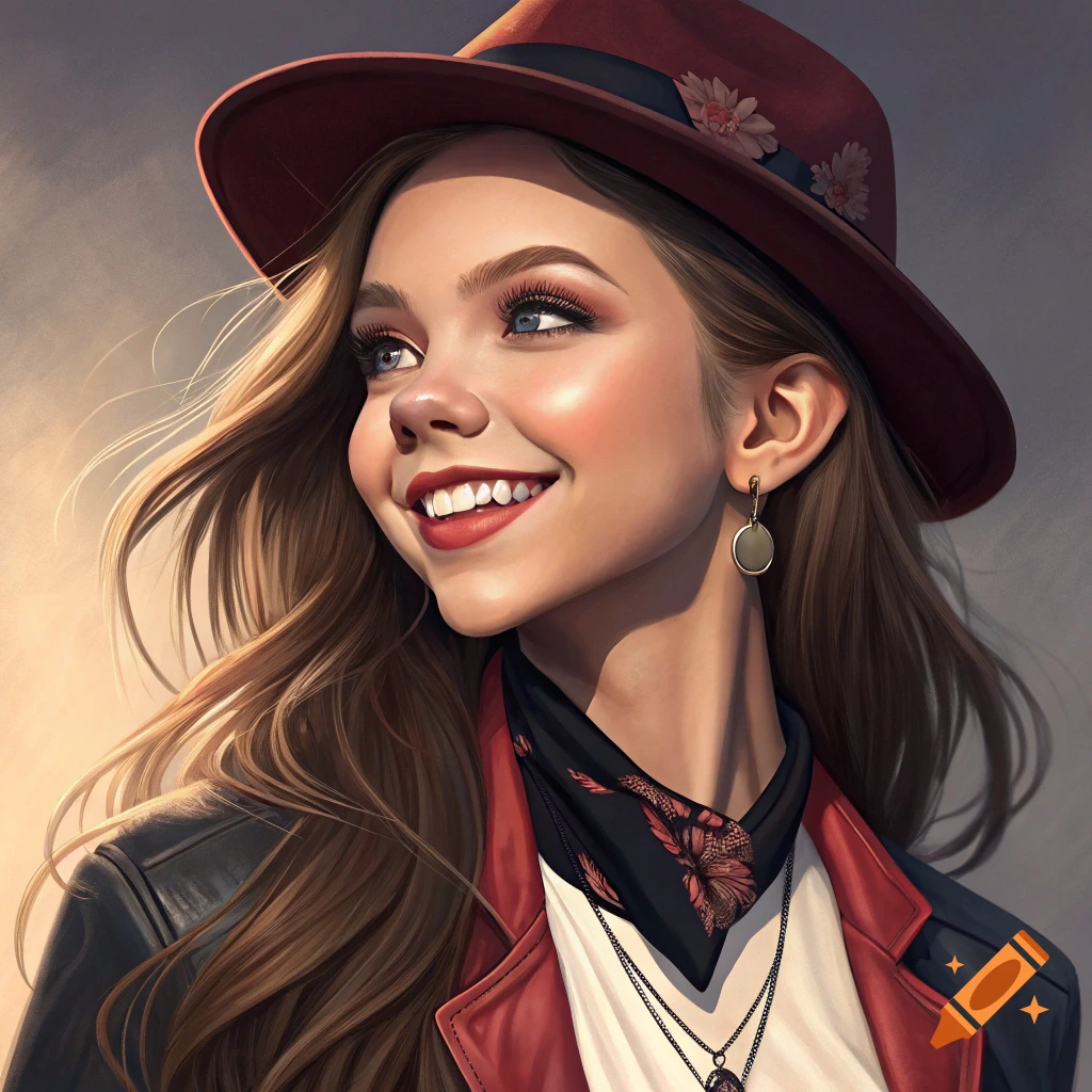 Digital art portrait of a smiling young woman wearing a red hat, black jacket, and patterned scarf.