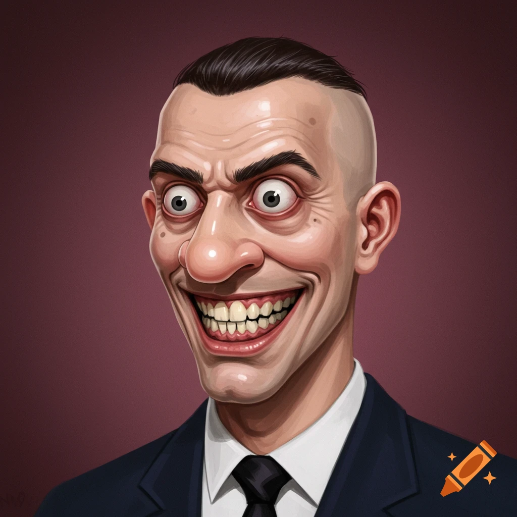 Caricature portrait of a man with large eyes and wide grin in a suit.