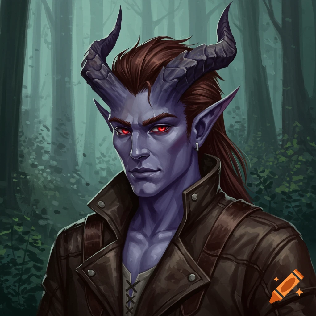 A male tiefling with blue skin, red eyes, and horns wears a leather jacket in a forest.