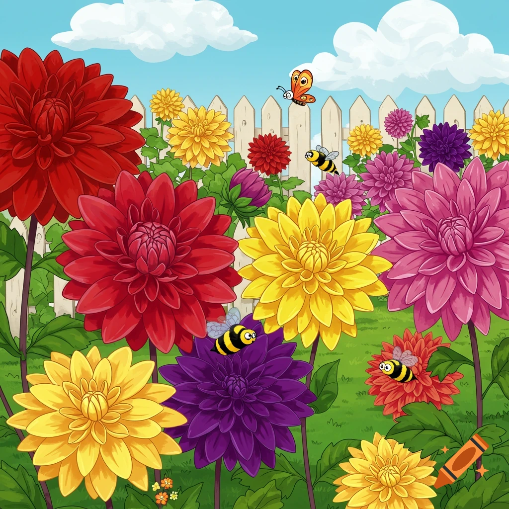 Cartoon garden with colorful dahlia flowers, bees, and a butterfly.