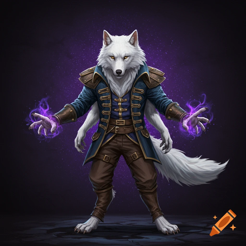A standing white wolf fantasy creature with four arms, wearing a blue coat, casting purple magic.