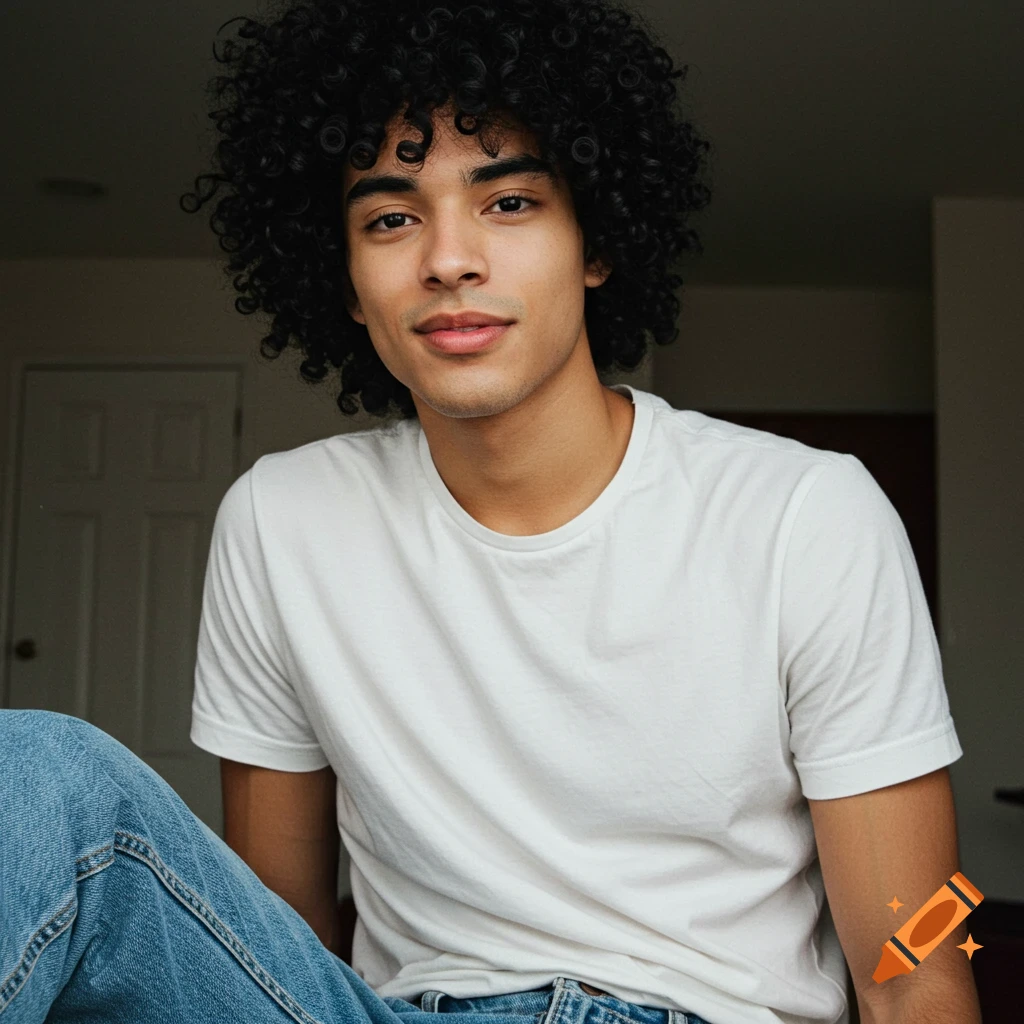 A photo portrait of a young man with curly black hair wearing a white shirt and blue jeans.