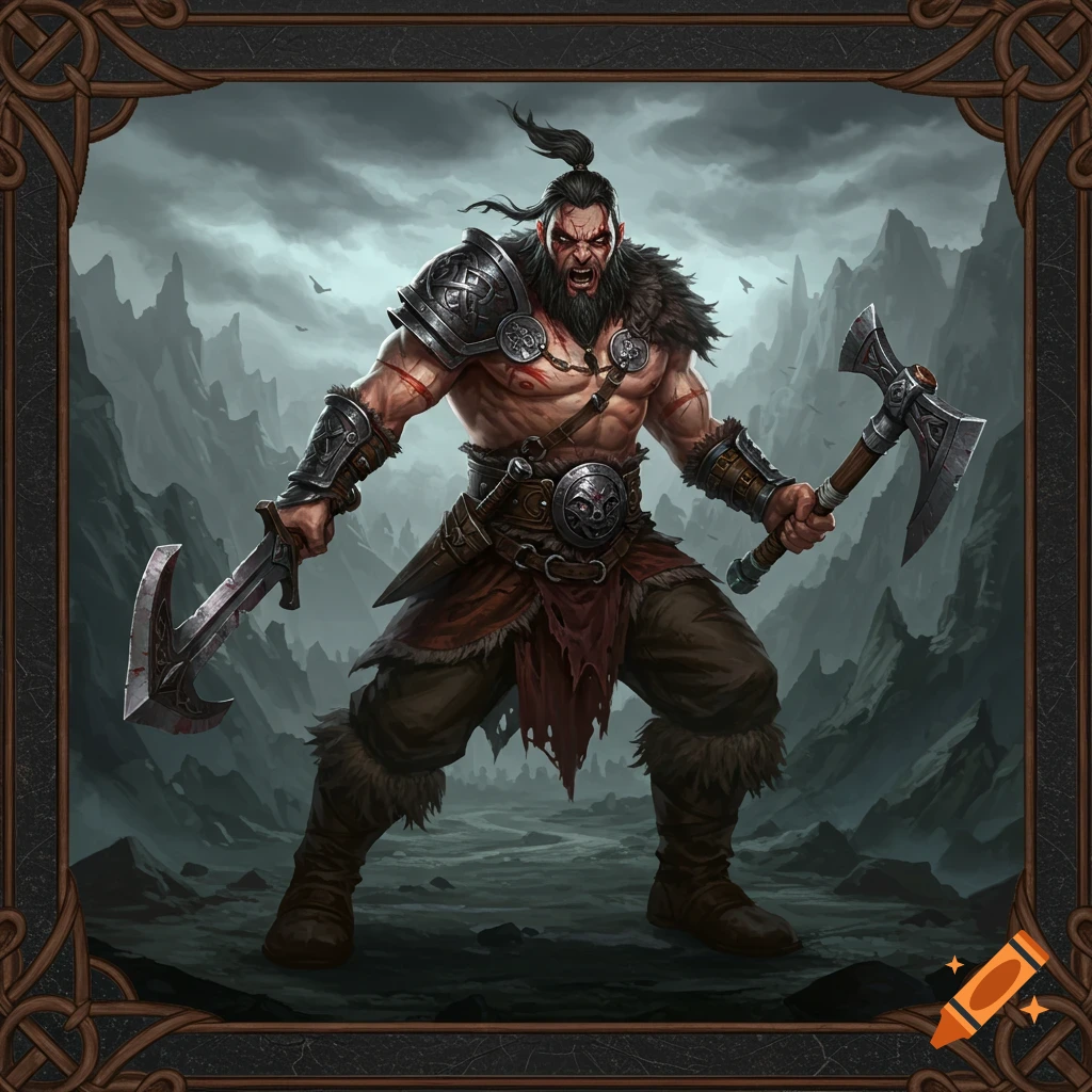 A fierce barbarian warrior dual-wielding a sword and axe in a mountainous landscape.