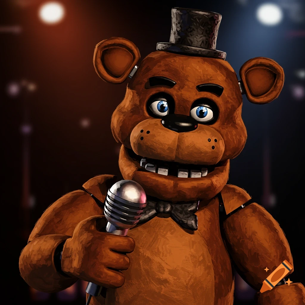 A brown animatronic bear named Freddy Fazbear is on a stage, holding a ...