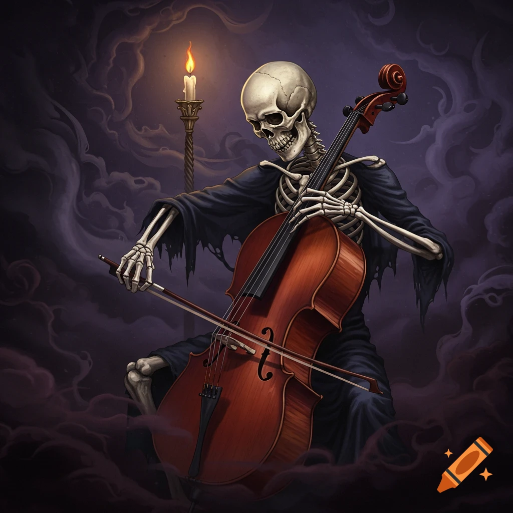 A skeleton playing a cello by candlelight in a cloudy gothic environment.
