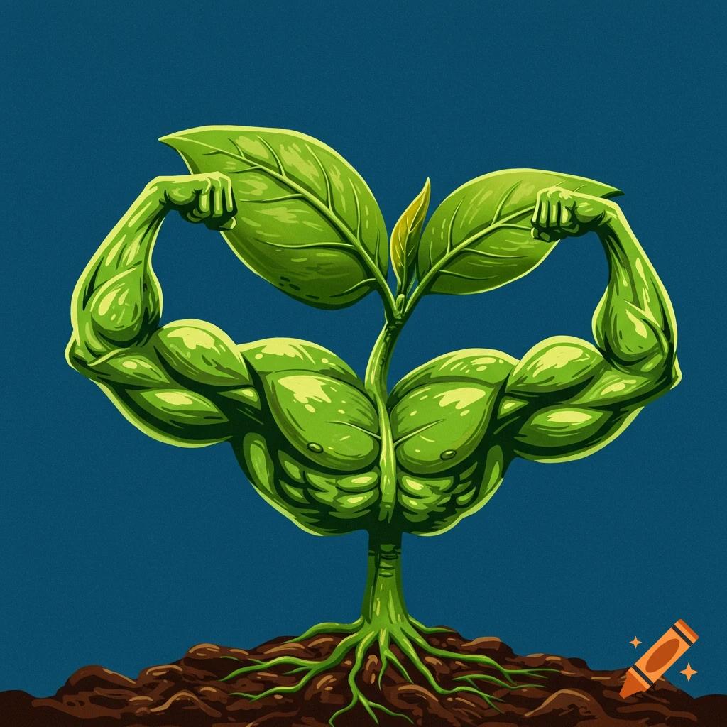A green sprout with leaves and stem forming a muscular body, flexing biceps, rooted in soil.